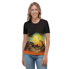 Woman wearing Halloween Night Magic t-shirt, capturing the enchantment of the spooky season.