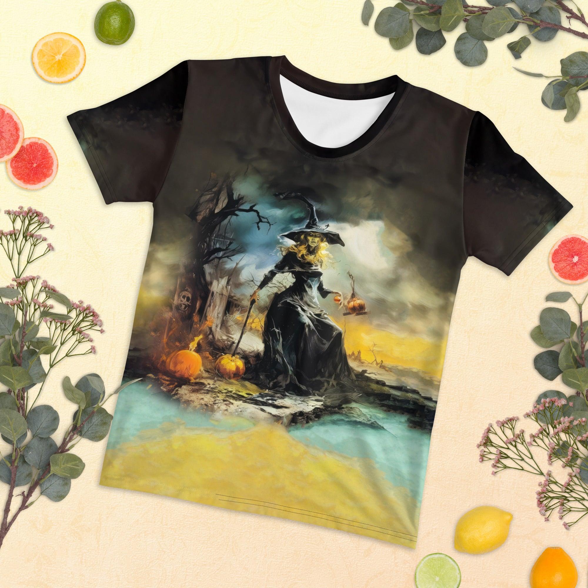 Woman showcasing the Spooky Silhouettes crew neck t-shirt, a blend of eerie elegance and style.