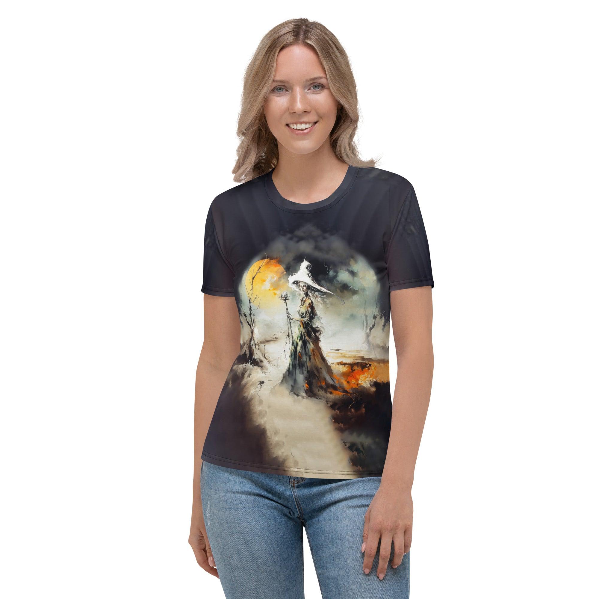 Woman enchanting the scene in her Bewitching Beauty crew neck t-shirt, where witchy meets chic.