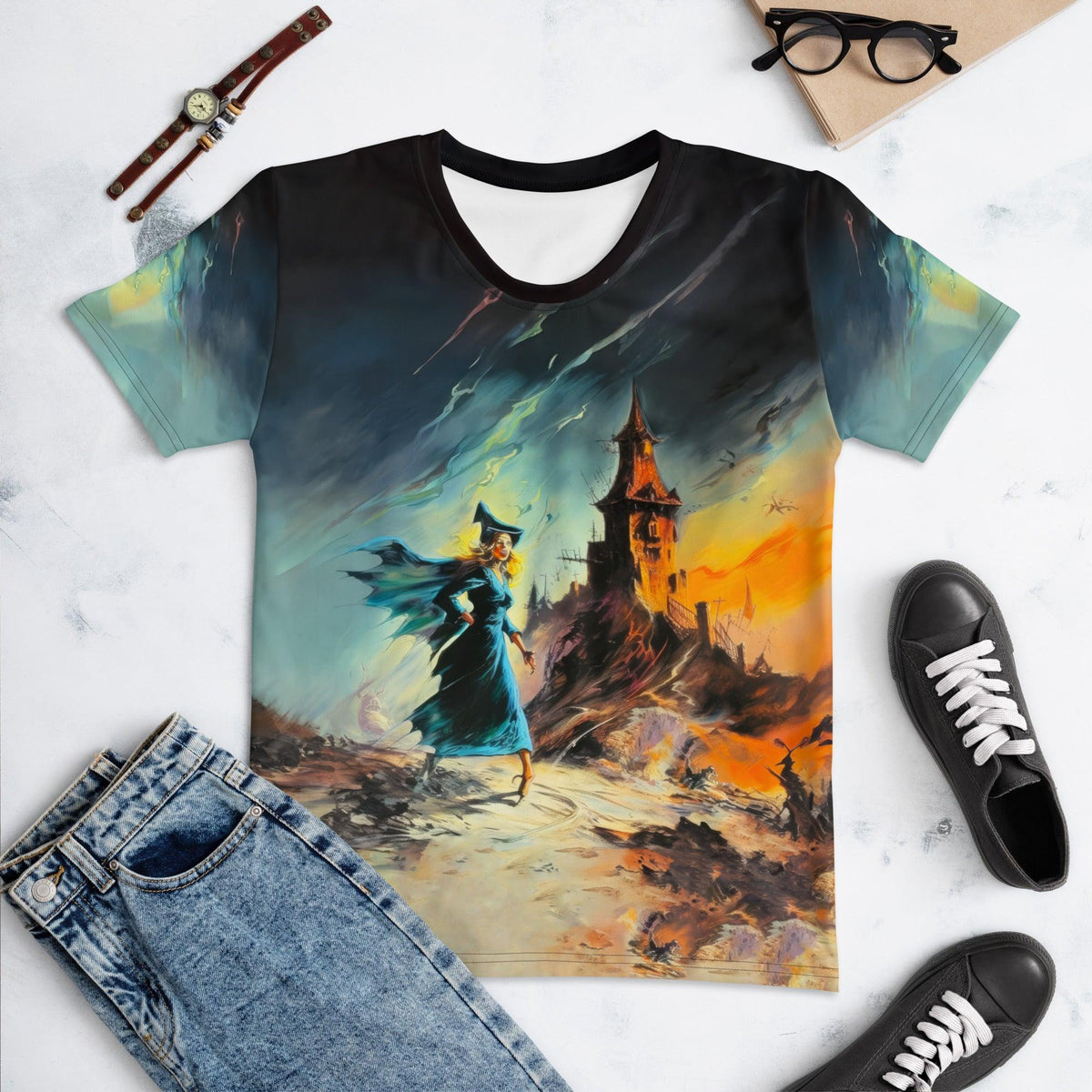 Woman embodying witchy elegance in the Coven Couture crew neck tee, perfect for mystical gatherings.