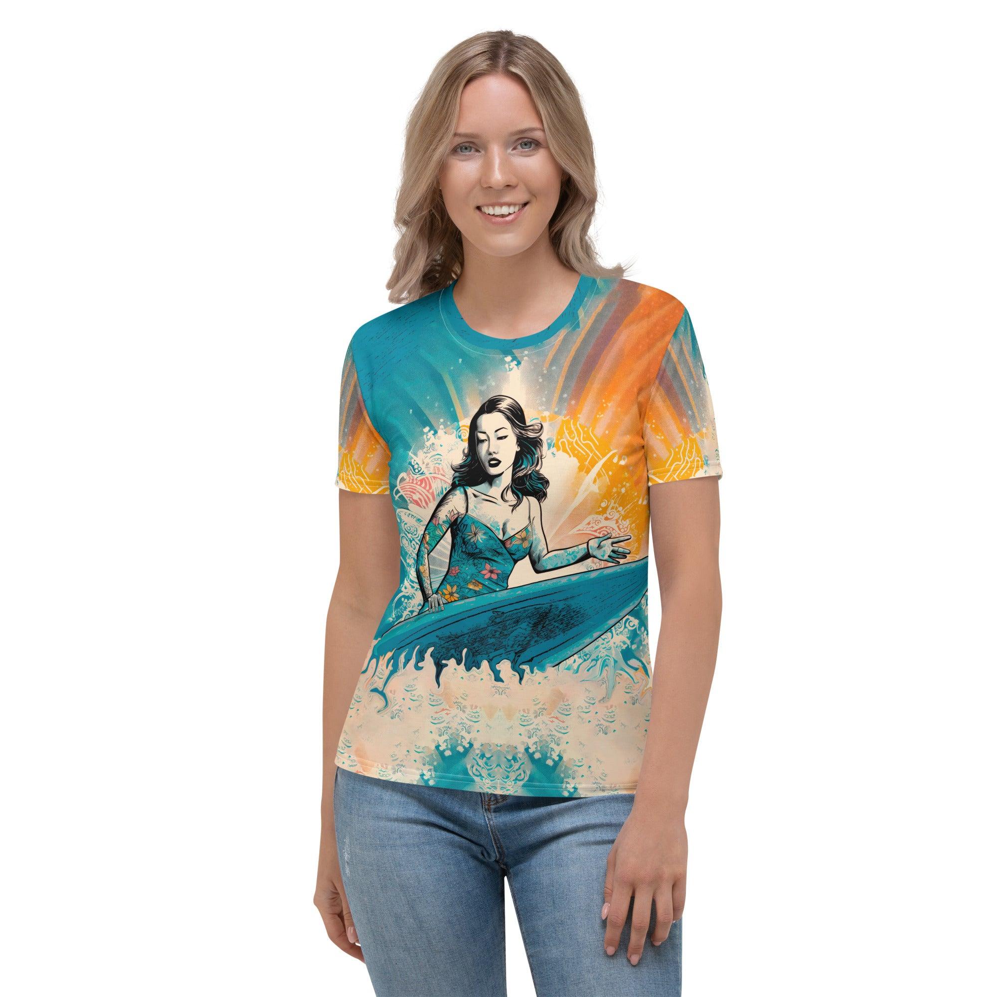 Surfing Bliss All-Over Print Women's Crew Neck T-Shirt Ride The Waves In Style - Beyond T-shirts