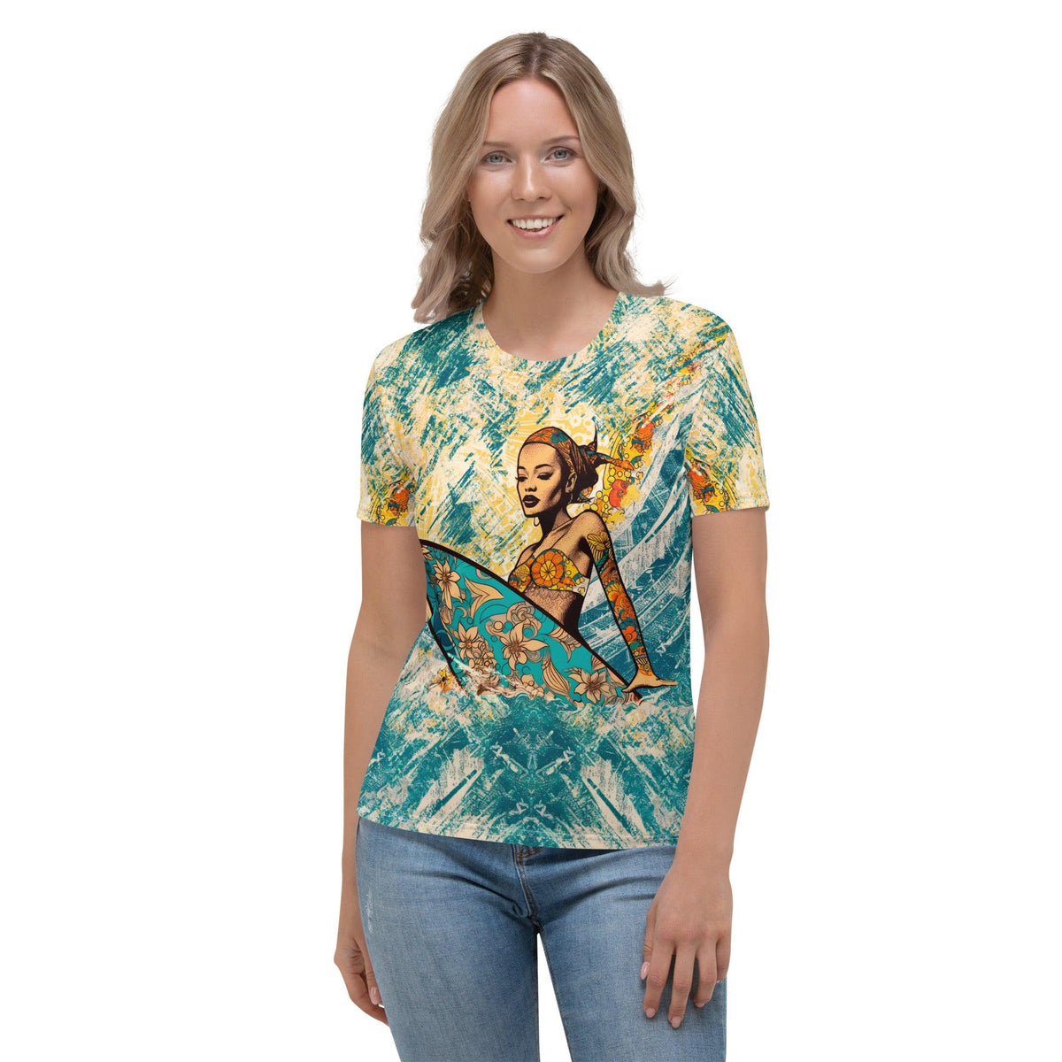 Surfing Sun All-Over Print Women's Crew Neck T-Shirt Bask In The Coastal Spirit - Beyond T-shirts