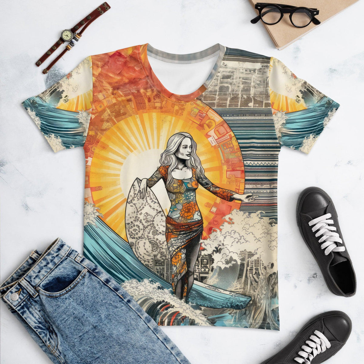 Surfing Sunsets All-Over Print Women's Crew Neck T-Shirt" - Beyond T-shirts