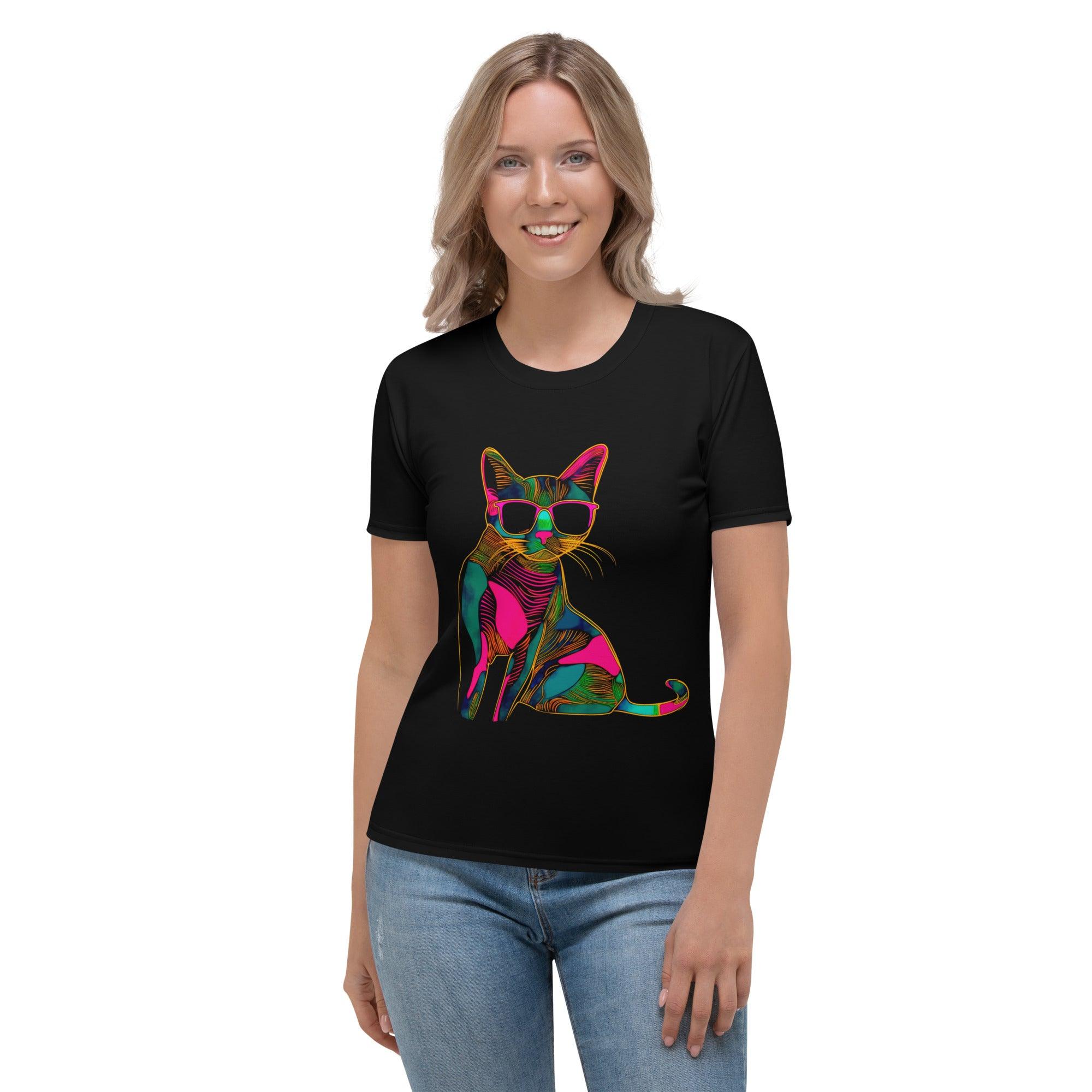 Whiskered Companions Women's Cat Print Crew Neck Tee - Beyond T-shirts