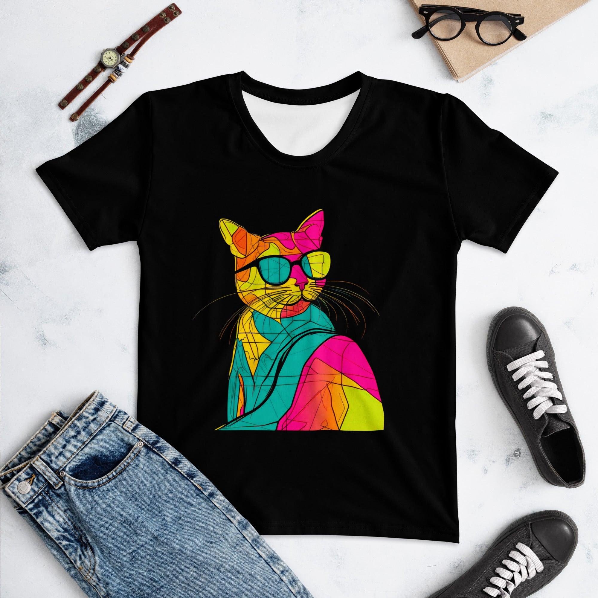 Cat's Whimsy Women's Cat Print Crew Neck Tee - Beyond T-shirts