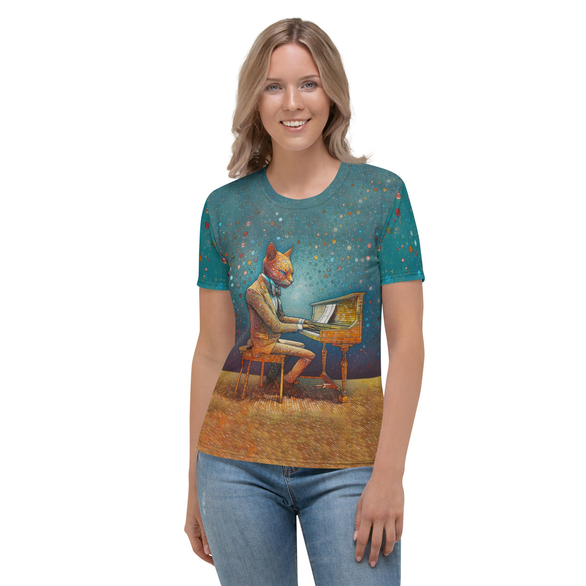 Curious Kitty All-Over Print Women's Crew Neck T-Shirt