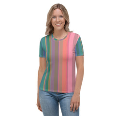 Rainbow Cascade Colorful Stripe All-Over Print Women's Crew Neck T-Shirt