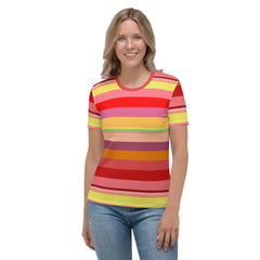 Electric Sunrise Colorful Stripe All-Over Print Women's Crew Neck T-Shirt