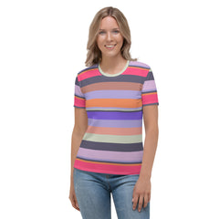 Tropical Bliss Colorful Stripe All-Over Print Women's Crew Neck T-Shirt