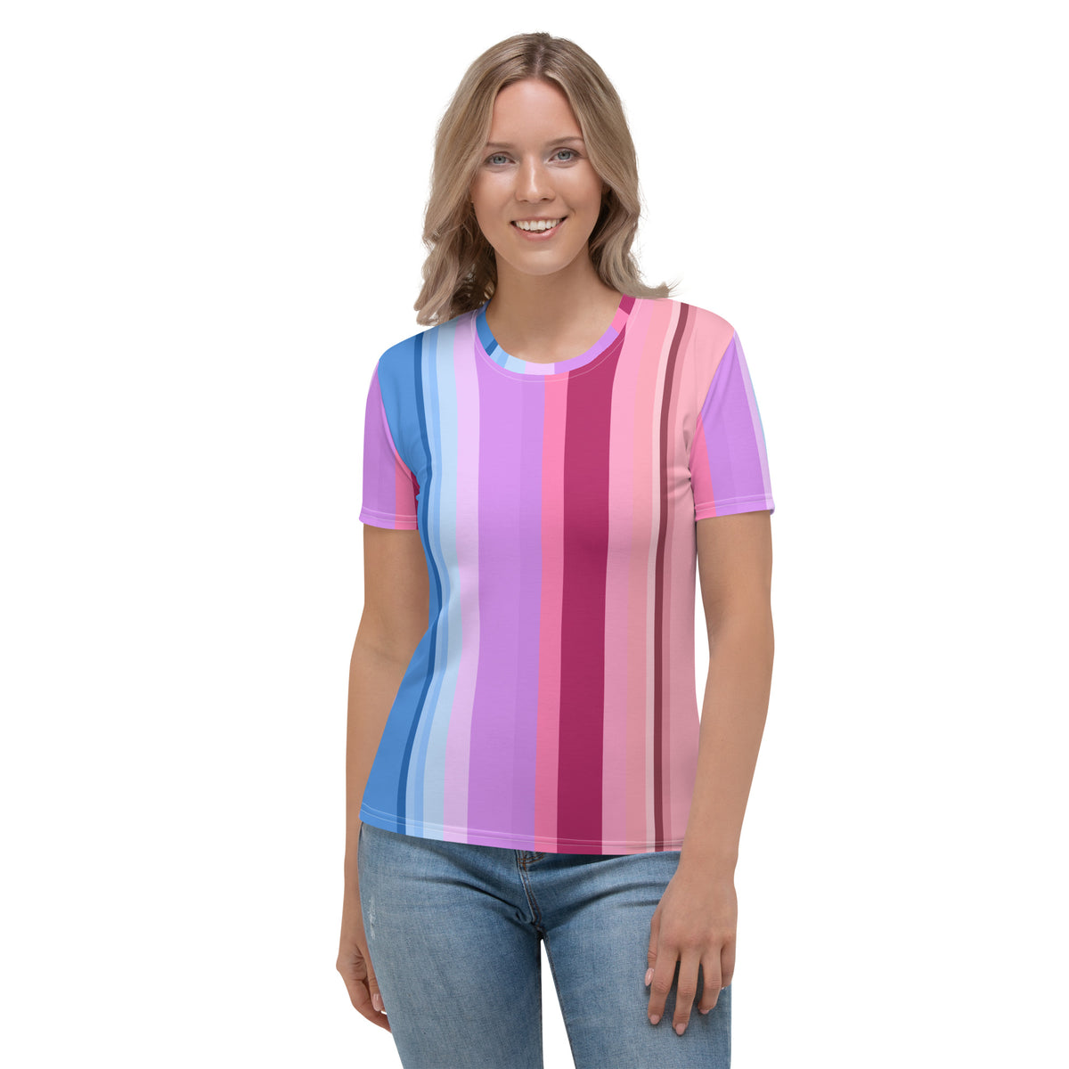 Vibrant Watercolor Strokes Colorful Stripe Women's Crew Neck T-Shirt