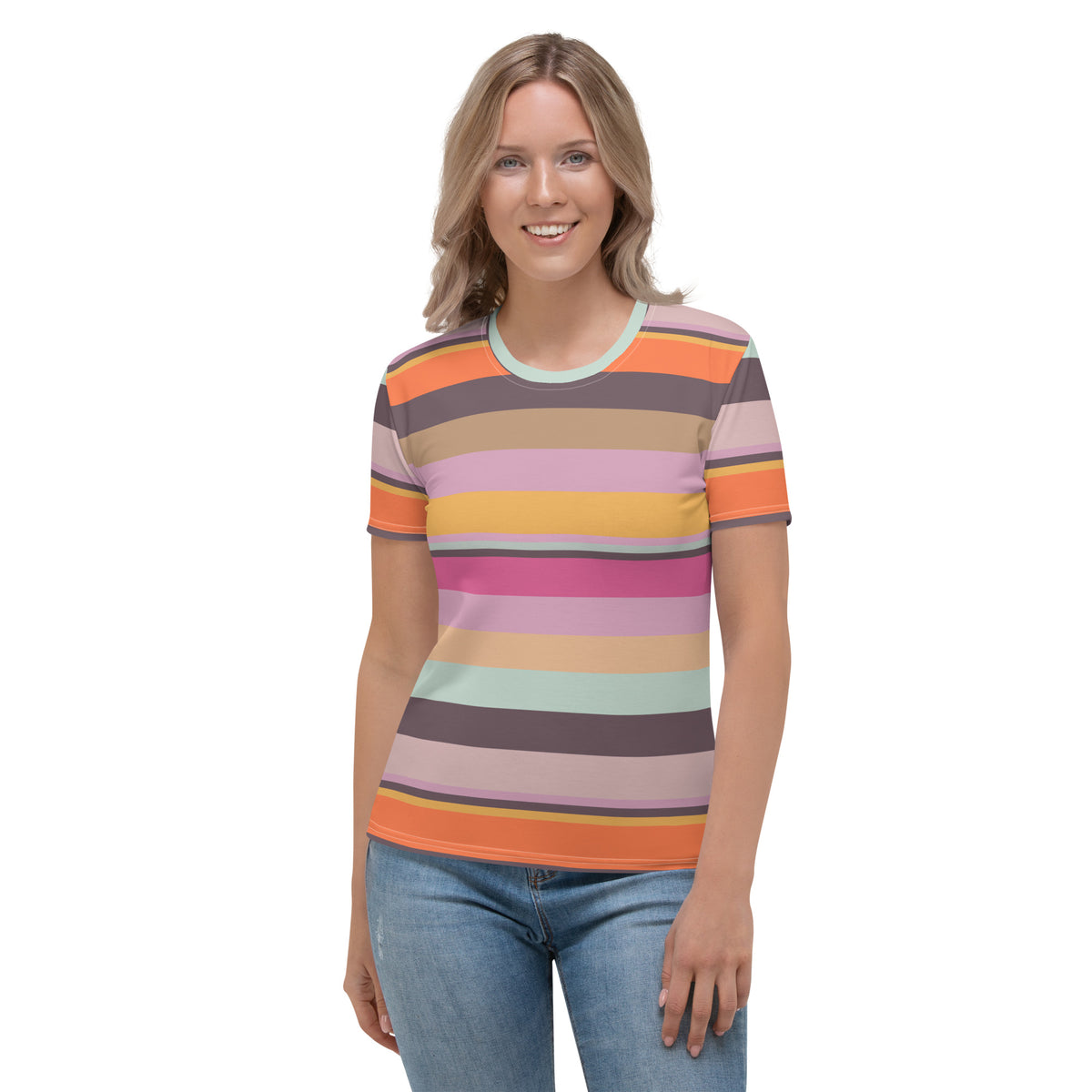 Retro Rainbow Blast Colorful Stripe Women's Crew Neck T-Shirt