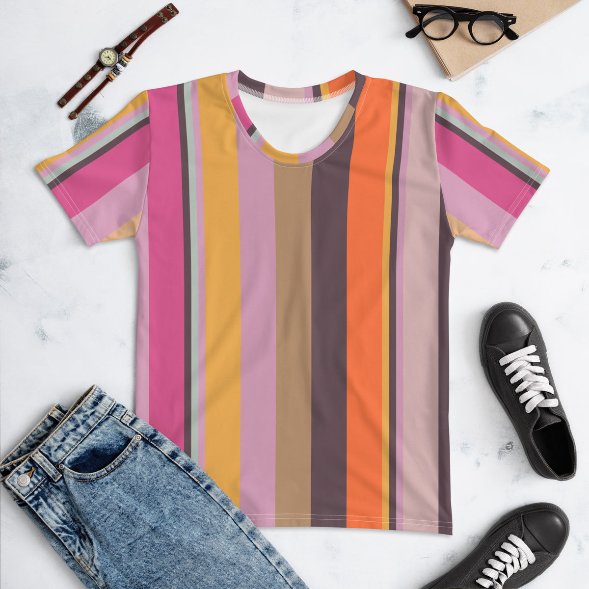 Paradise Palette Colorful Stripe All-Over Print Women's Crew Neck T-Shirt