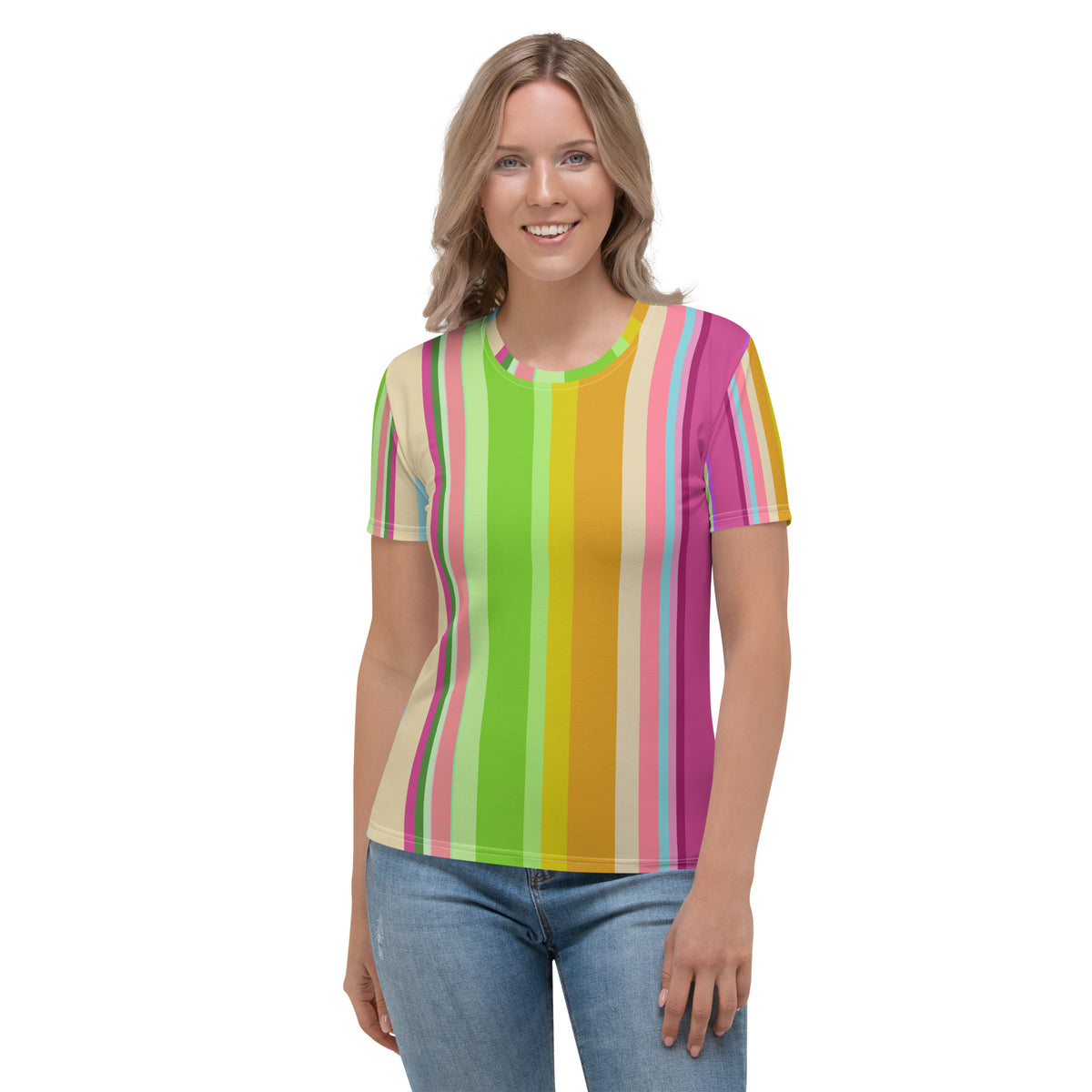 Radiant Lines women's crew neck t-shirt in vibrant colors.