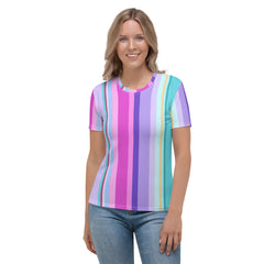 Ocean Waves Crew Neck T-Shirt for women laid flat.