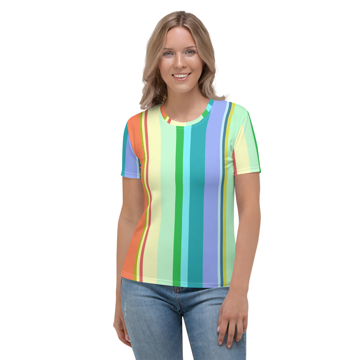 Candy Stripe Delight crew neck t-shirt for women in vibrant colors.