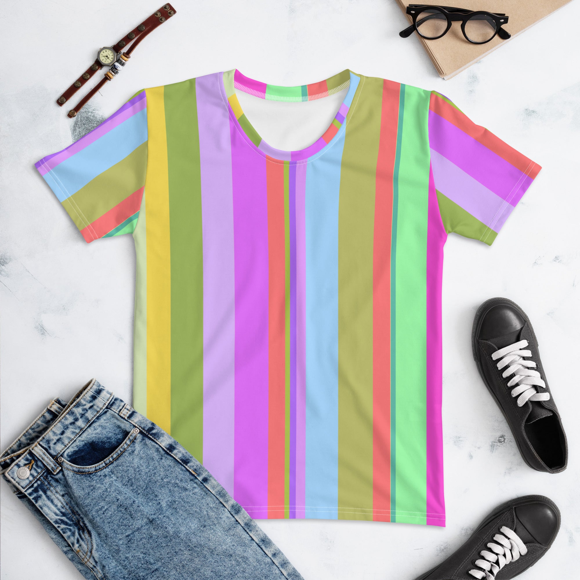 Boho Chic Stripes Women's T-Shirt in crew neck style.