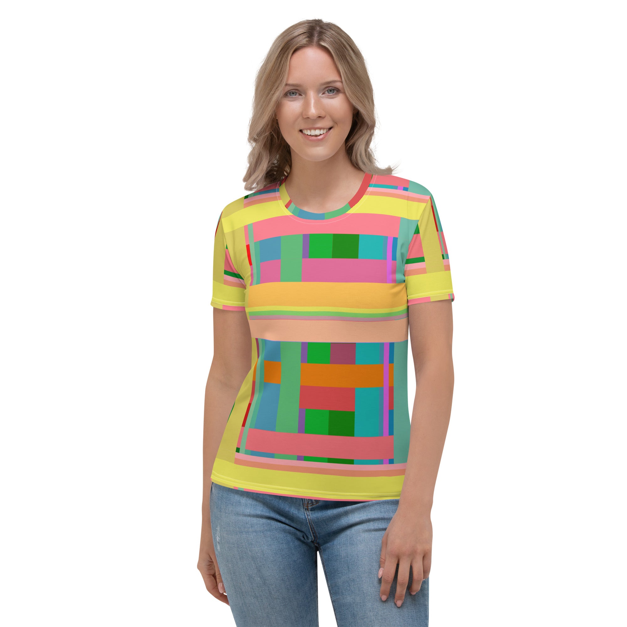 Elegant Rainbow Cascade Women's T-Shirt, featuring flowing colors for a dynamic and stylish look.