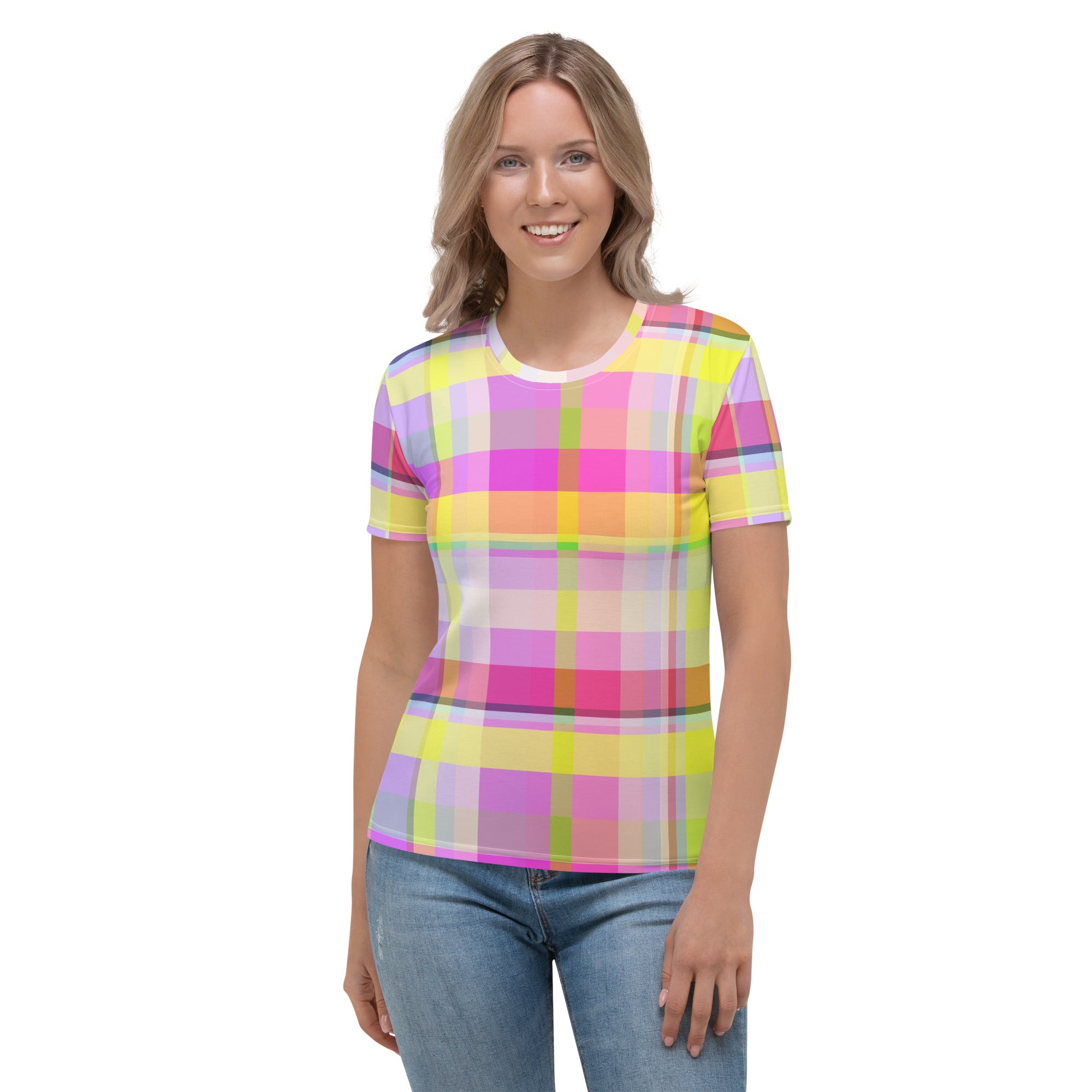 Vibrant Sunrise Spectrum t-shirt for women, blending comfort with the inspiring colors of early morning.