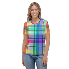 Stylish women's t-shirt with vibrant carnival graphics, offering comfort and festivity in one.