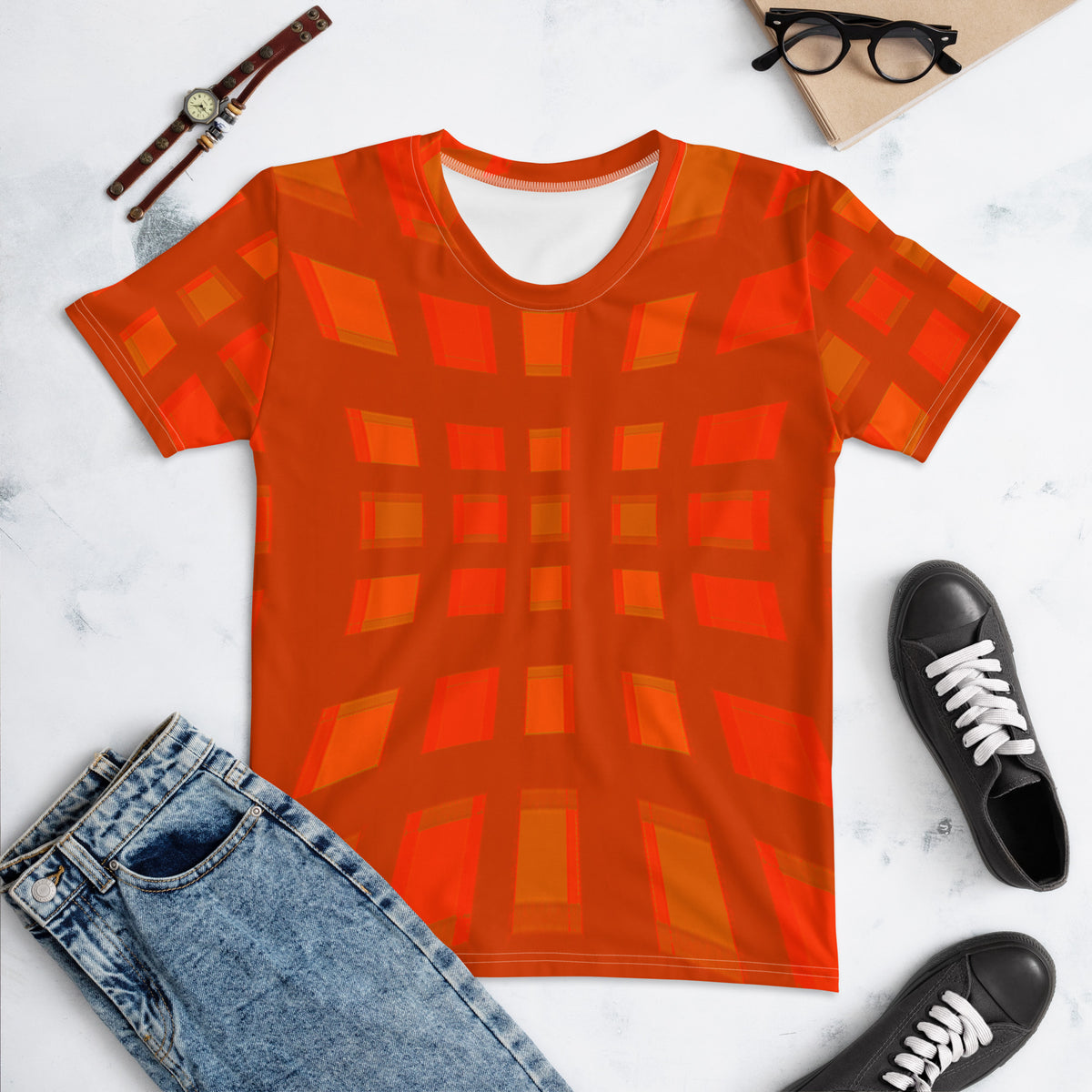 Monochrome Grid Box Stripe T-Shirt for Women - Crew Neck Design