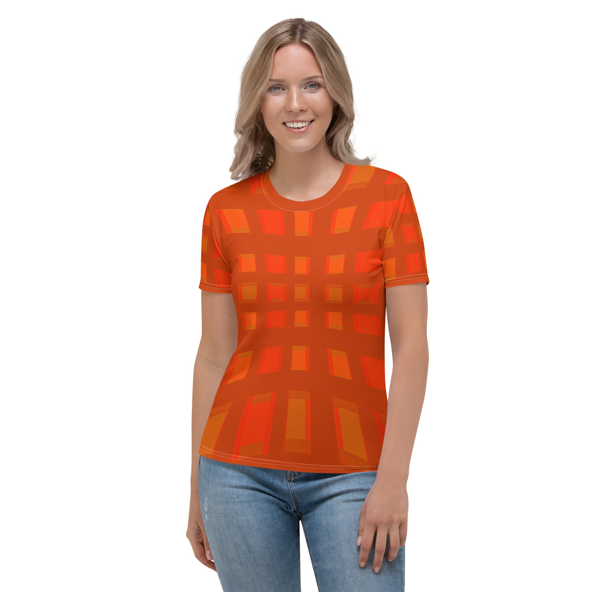 Elegant Women's T-Shirt with Monochrome Grid and Box Stripe Detail