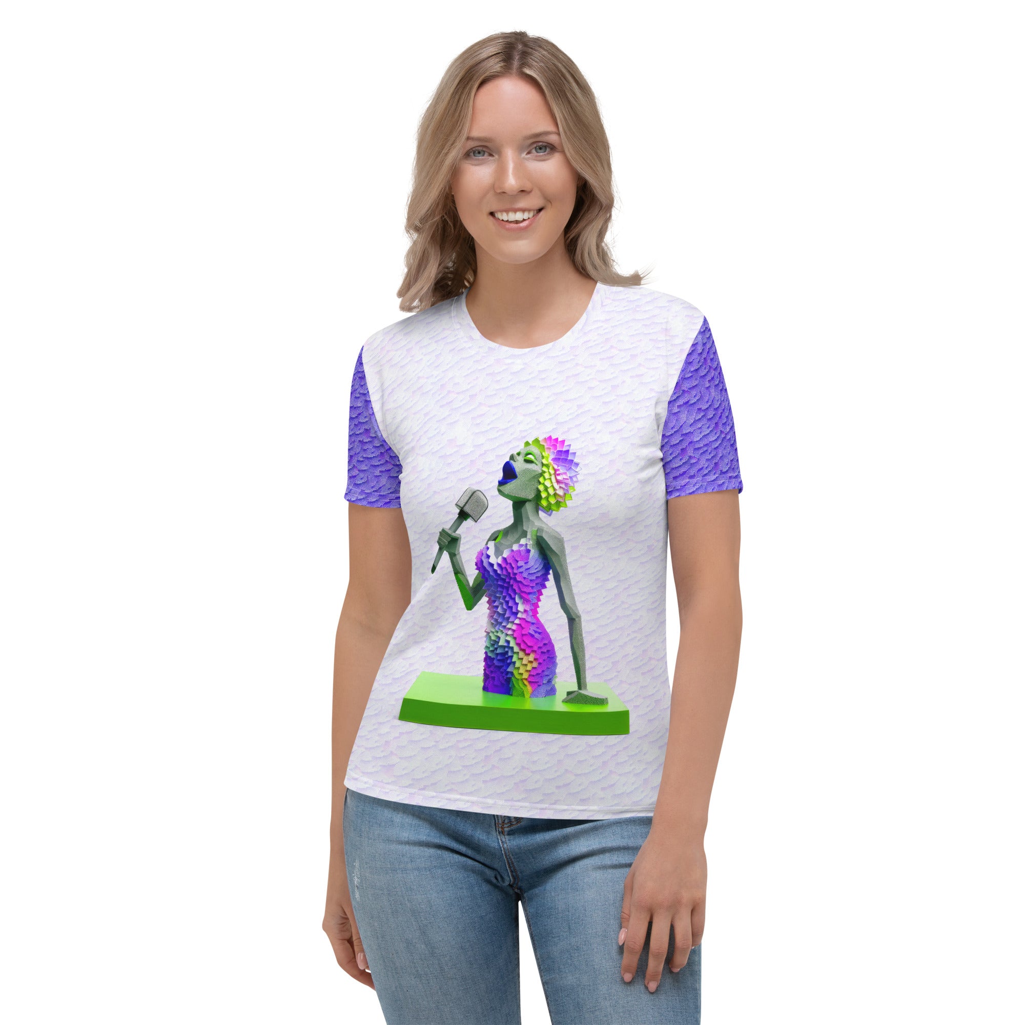 Jazz Fusion themed women's crew neck t-shirt on model