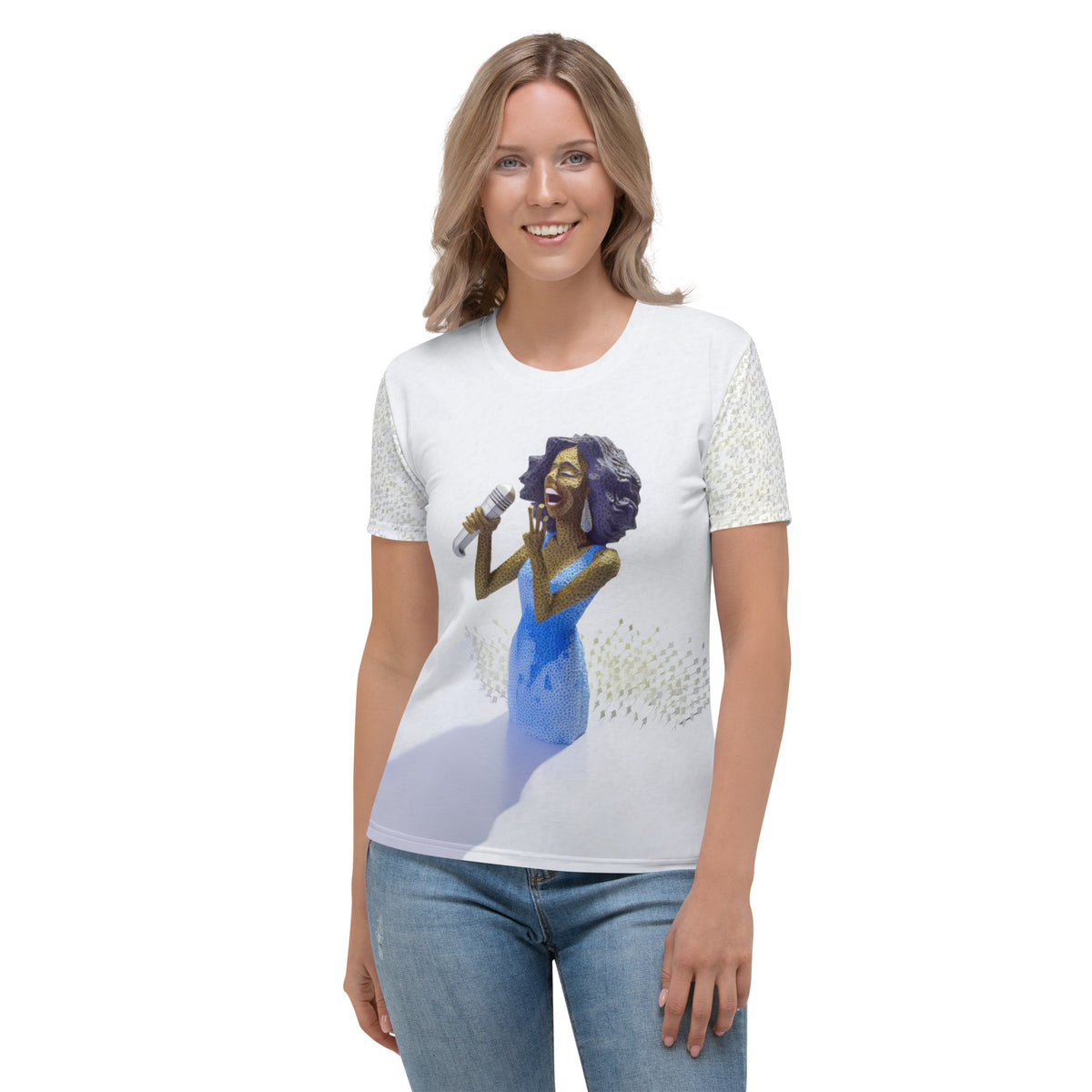 Acoustic Echo women's crew neck t-shirt in white, showcasing front design.