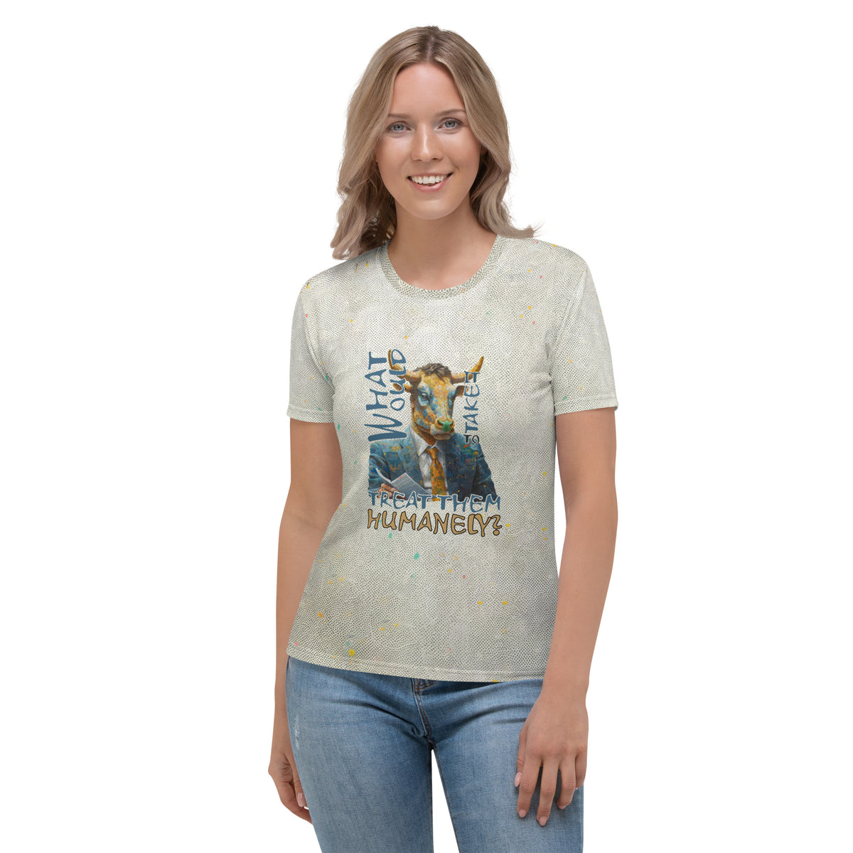 Graceful Giraffe print on women's crew neck t-shirt.