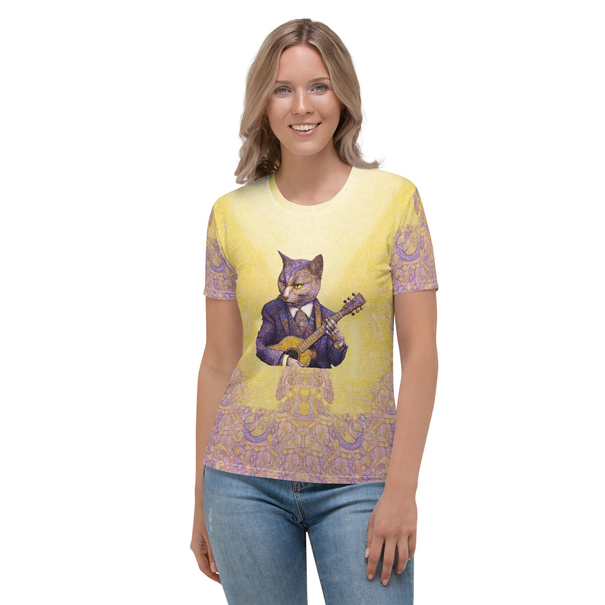 Vibrant Vixen women's colorful crew neck t-shirt on display.