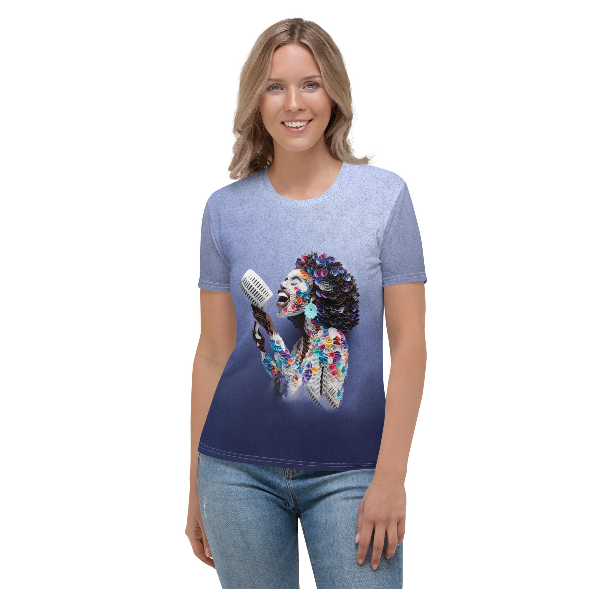 Woman wearing Celestial Paper Stars Crew Neck T-Shirt with star designs.