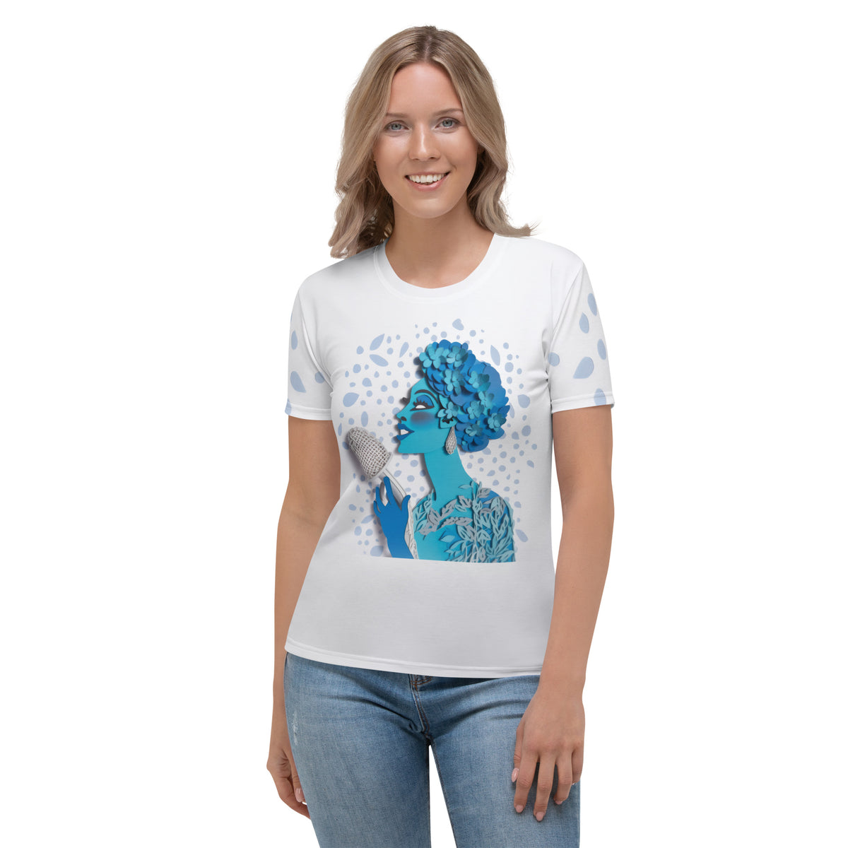 Woman wearing Mountain Majesty crew neck t-shirt with scenic backdrop