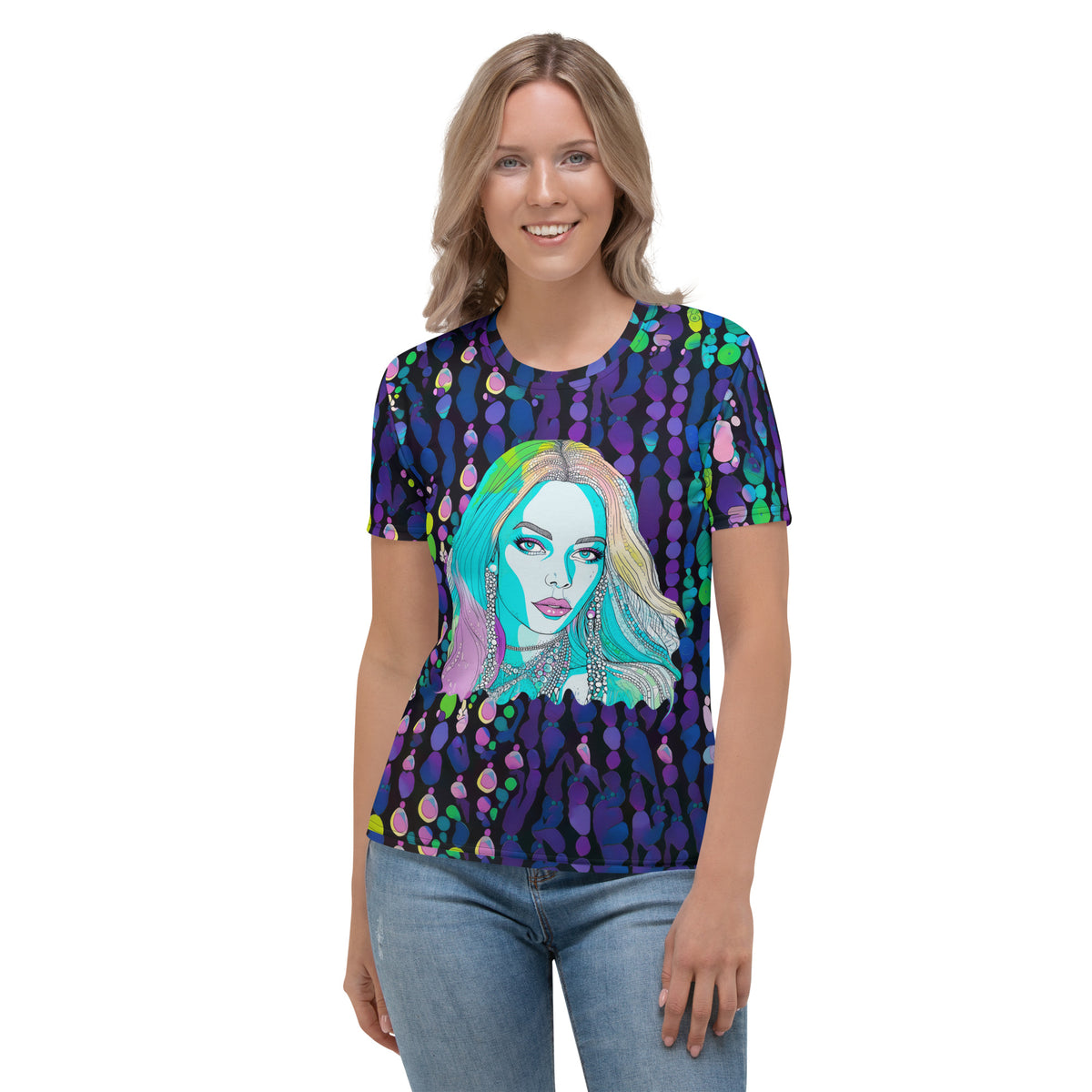 Women's Graphic Pop Symphony Crew Neck Tee vibrant design.