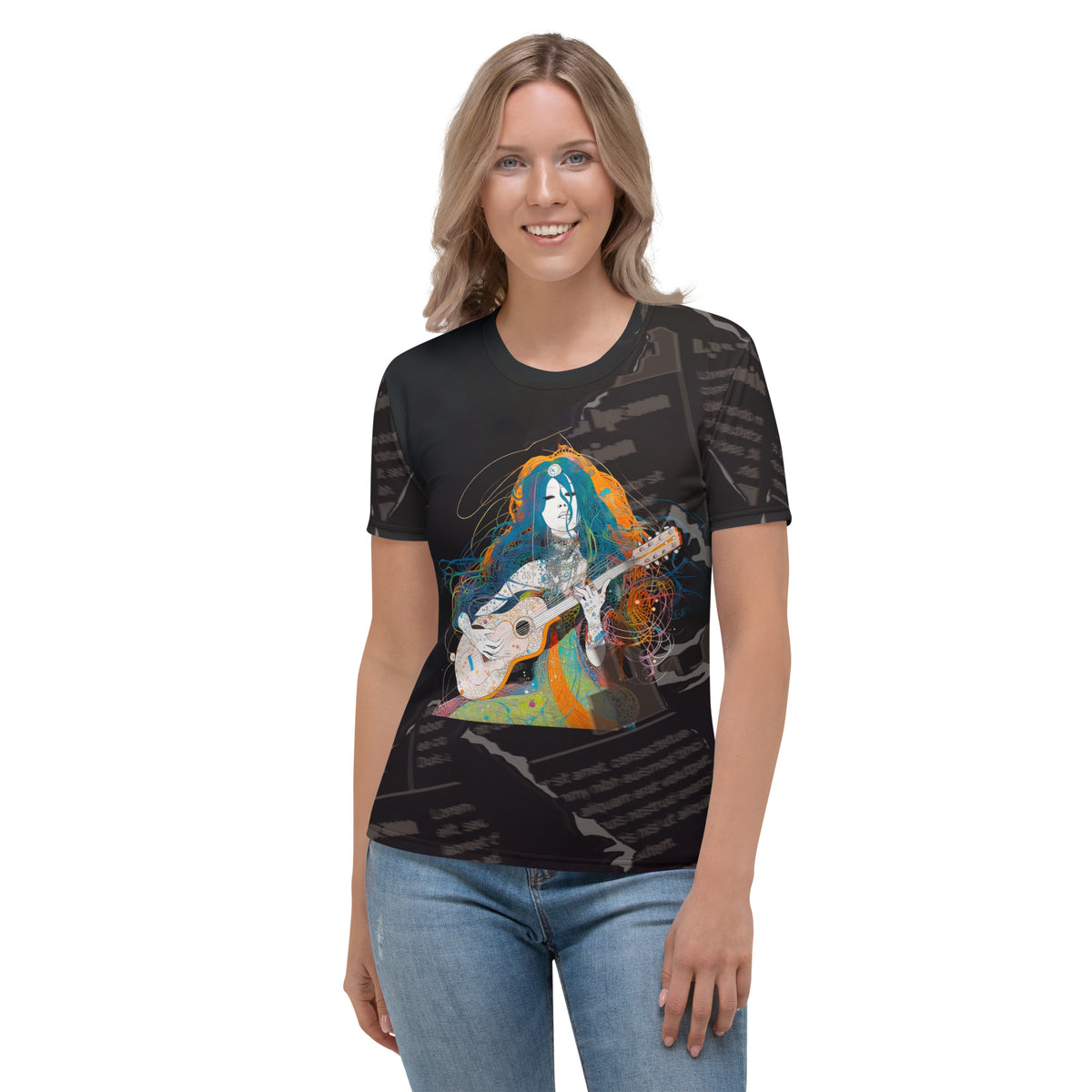 Funky Retro Revival T-shirt with colorful patterns for women.