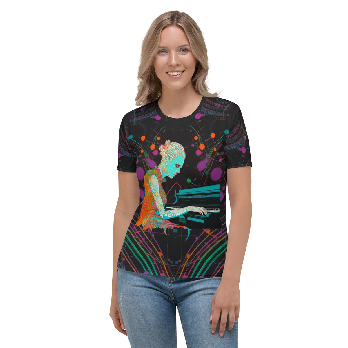 Bold Brushstroke Blast design on Women's Crew Neck T-Shirt.