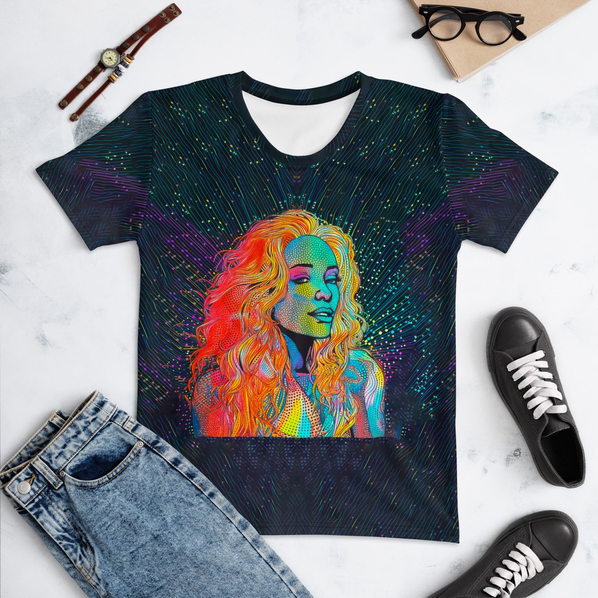 Abstract Pop Fusion Women's T-Shirt with colorful design on white fabric.