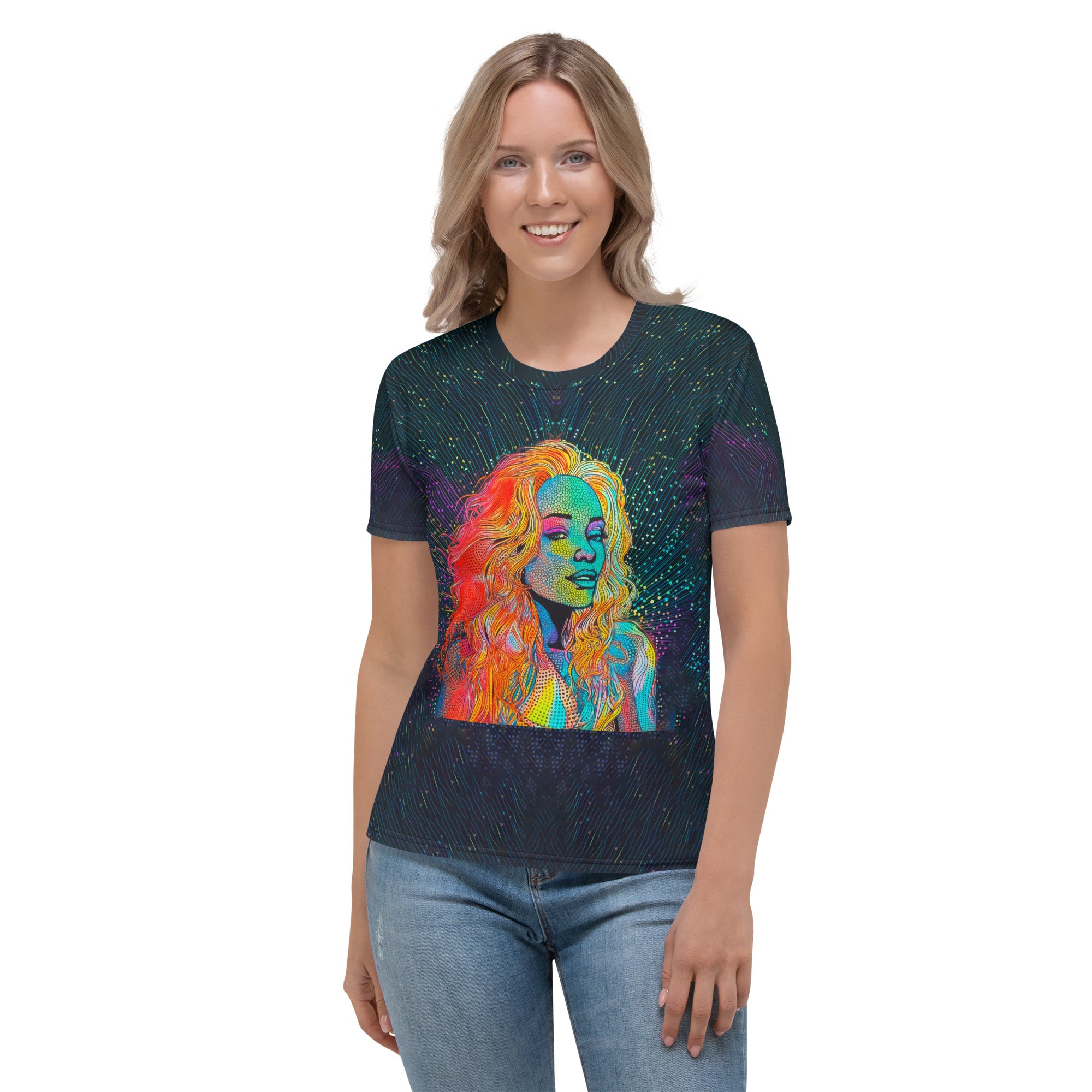 Fashion-forward women's t-shirt with unique abstract pop fusion print.