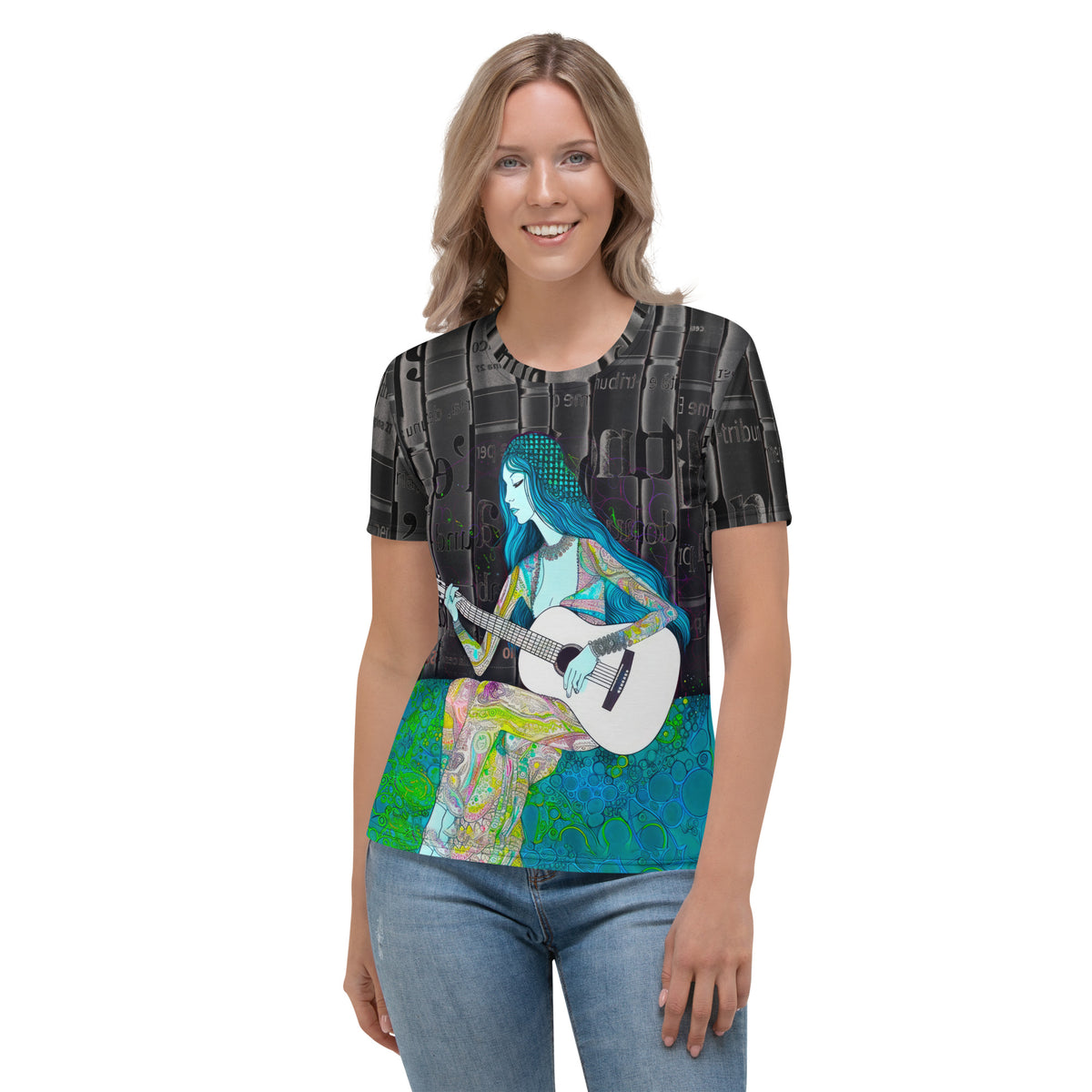 Colorful comic print on Whimsical Comic Blast women's crew neck t-shirt.