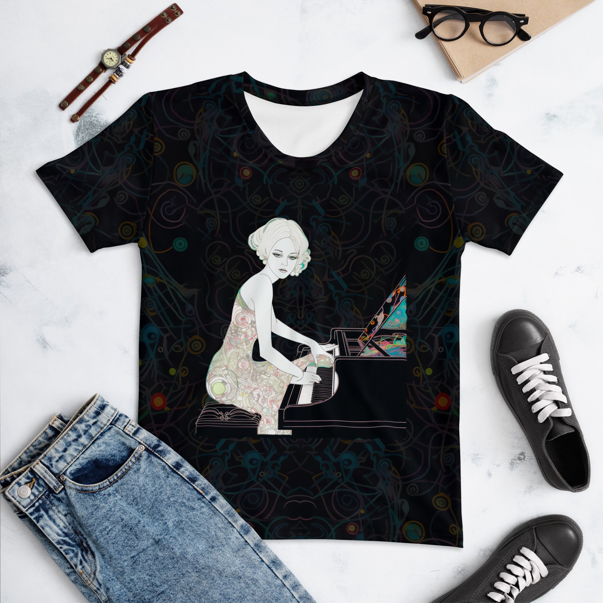 Abstract pop art design on women's crew neck t-shirt.