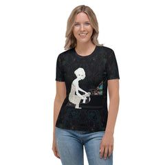 Women's crew neck t-shirt with bold pop symphony print.