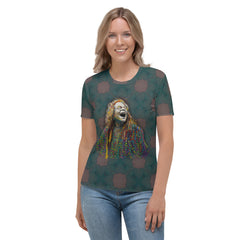 Rainbow Blooms Women's Crewneck Tee displayed on a mannequin