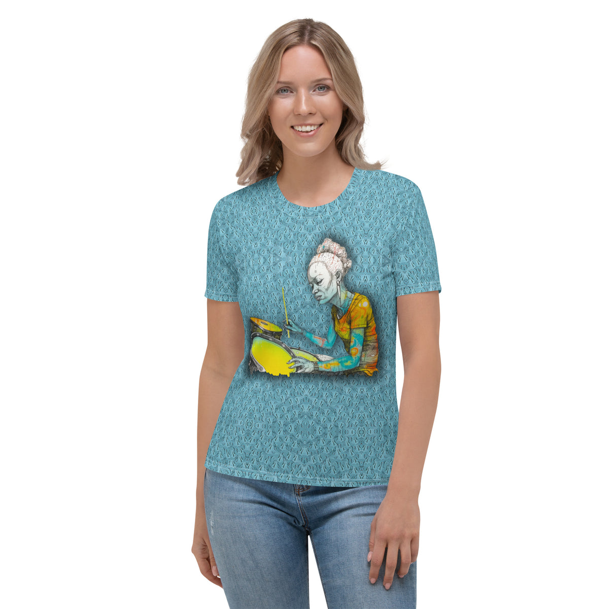 Blooming Blossoms Women's Crew Neck T-Shirt on a clothing mannequin.