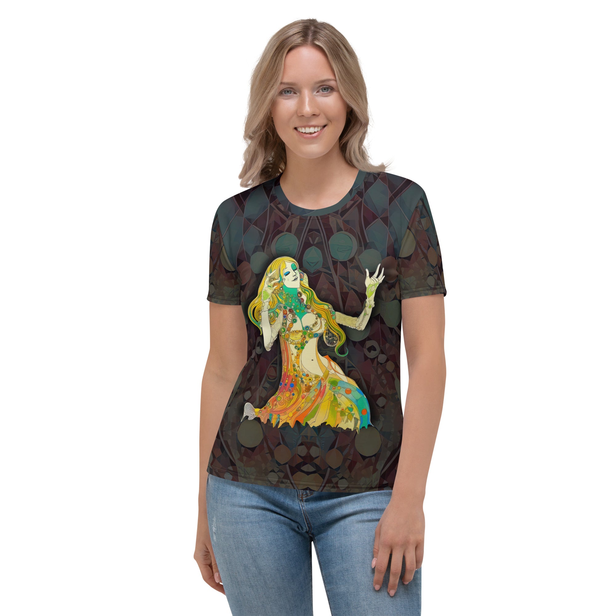 Sunflower Serenade Women's Crew Neck T-Shirt on a clothing mannequin.