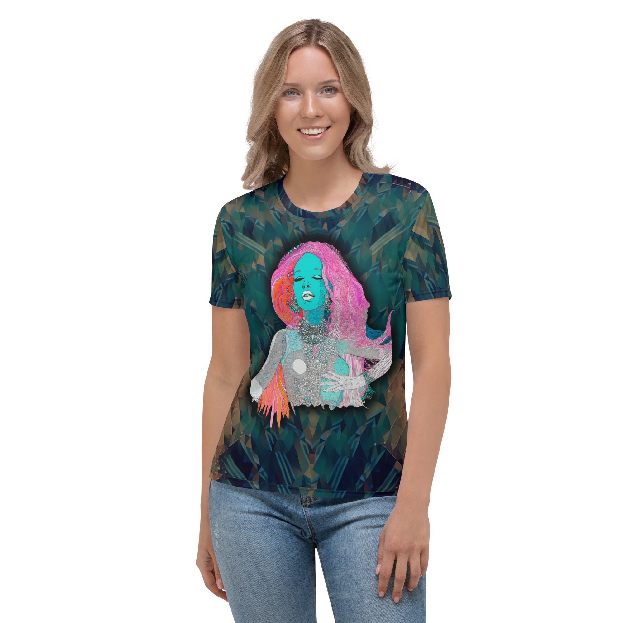 Model wearing Peaceful Petals Women's Crew Neck T-Shirt with jeans.