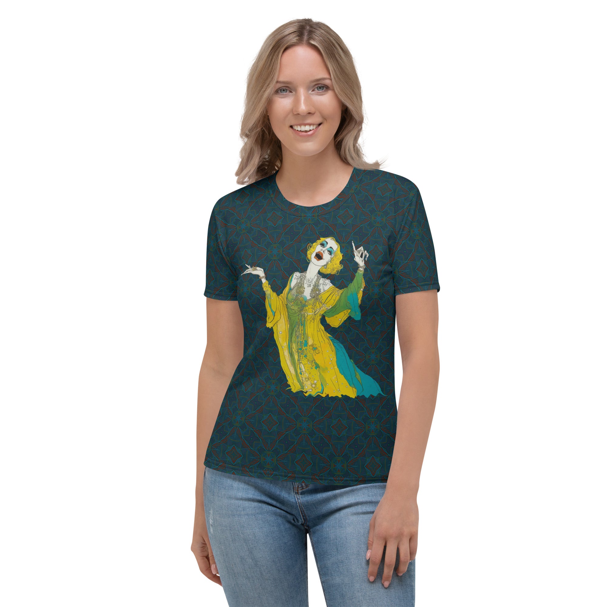 Mystic Meadow Women's Crew Neck T-Shirt on a clothing mannequin.