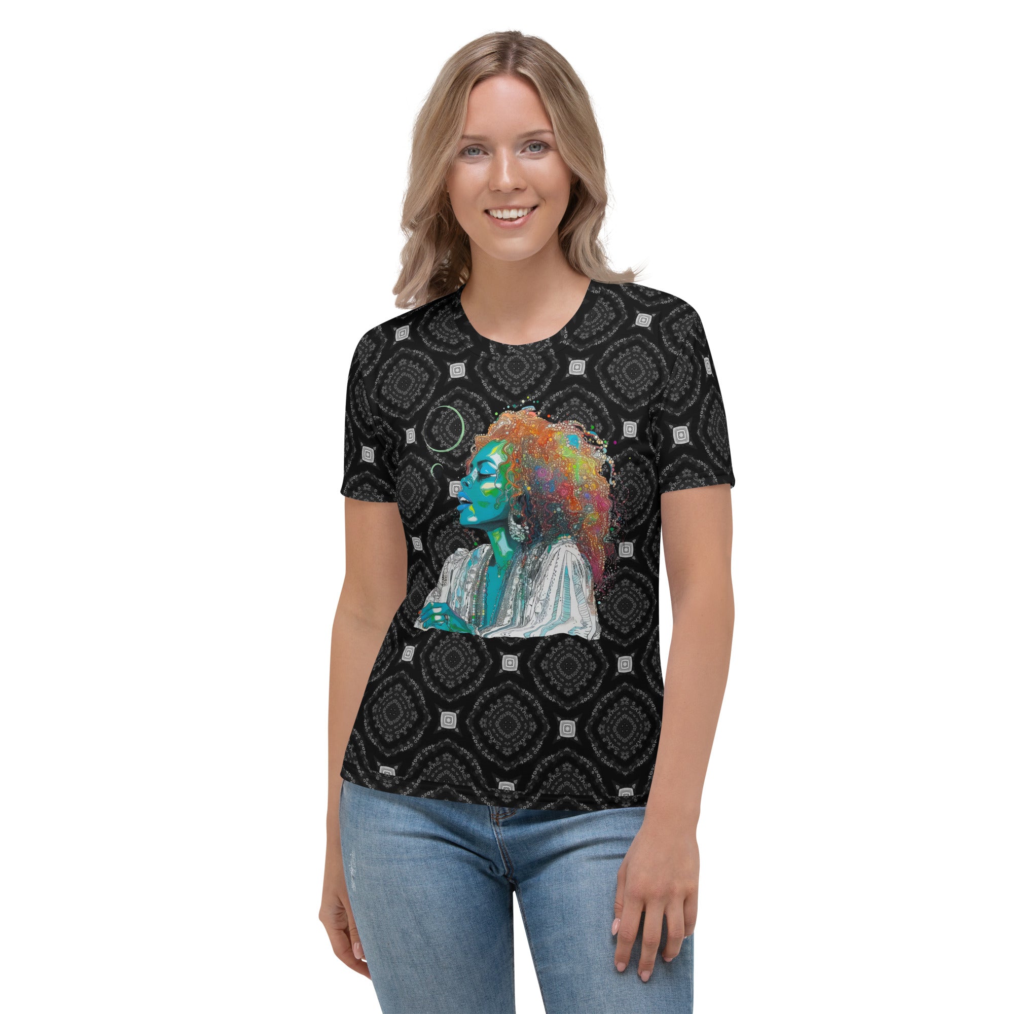 Flower Crown Queen Women's Crew Neck T-Shirt on a clothing mannequin.