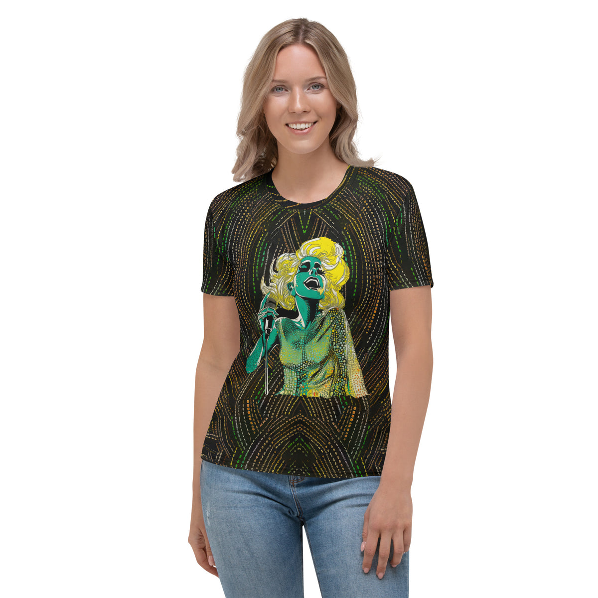 Flower Power Women's Crew Neck T-Shirt on a clothing mannequin.