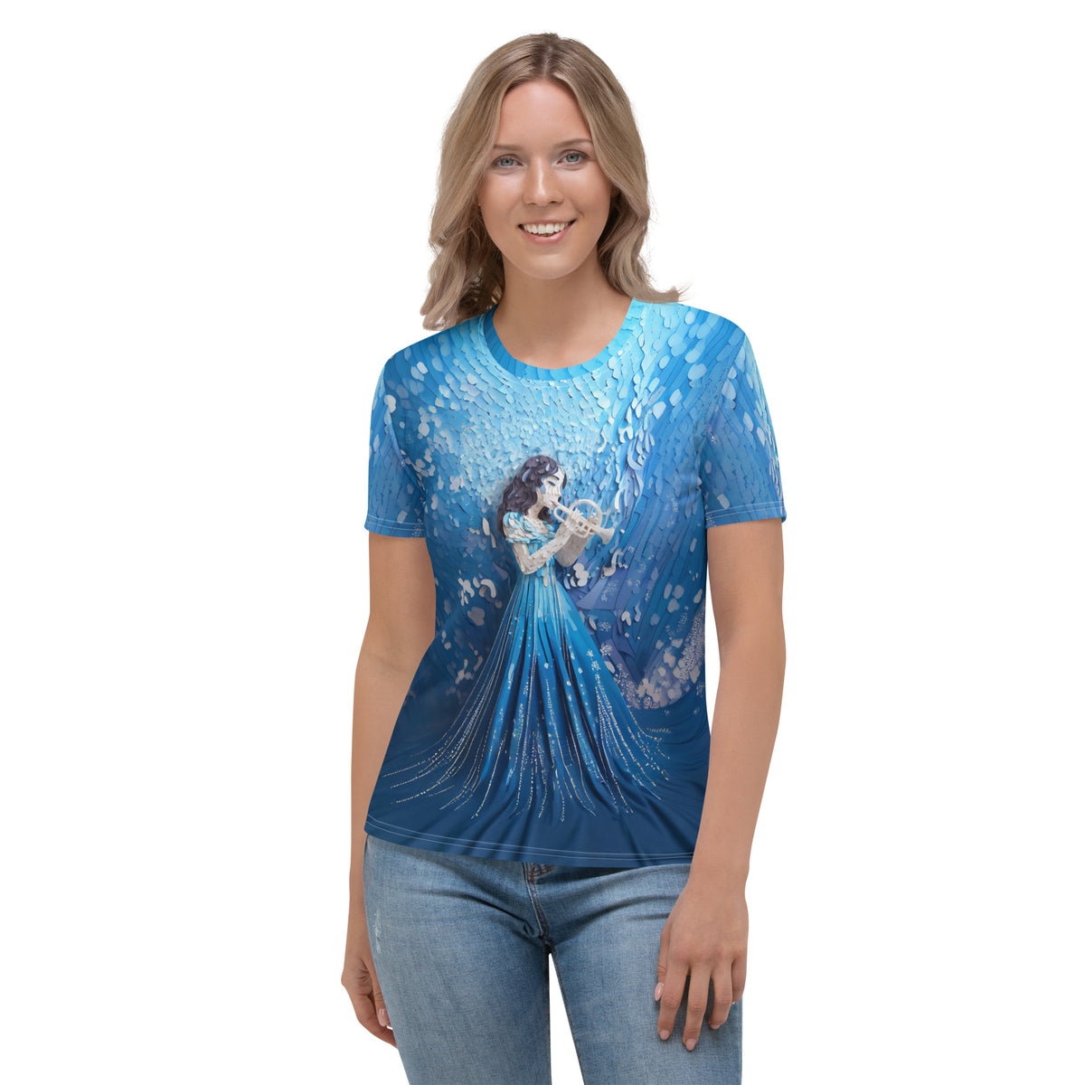 Women's Crew Neck T-Shirt with Sailing Ship Design.