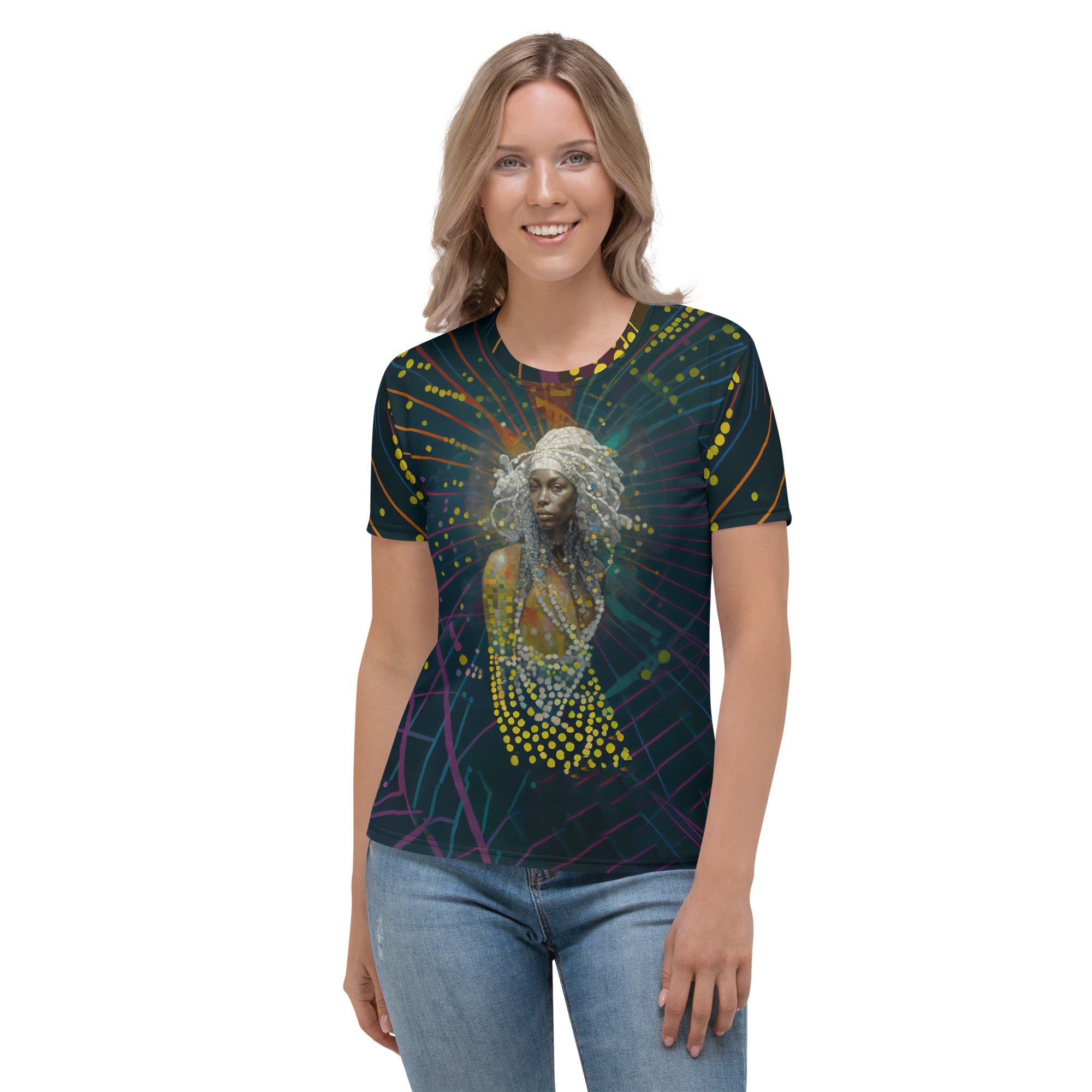 Galactic Glam printed women's crewneck tee with starry design.