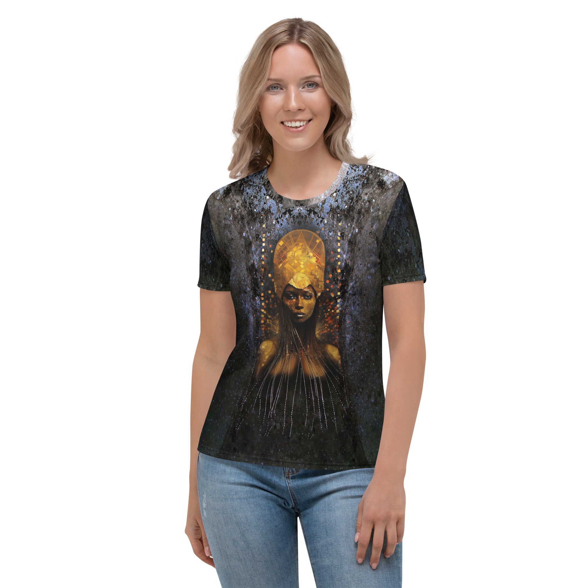 Woman wearing Abstract Artistry crewneck tee with colorful design