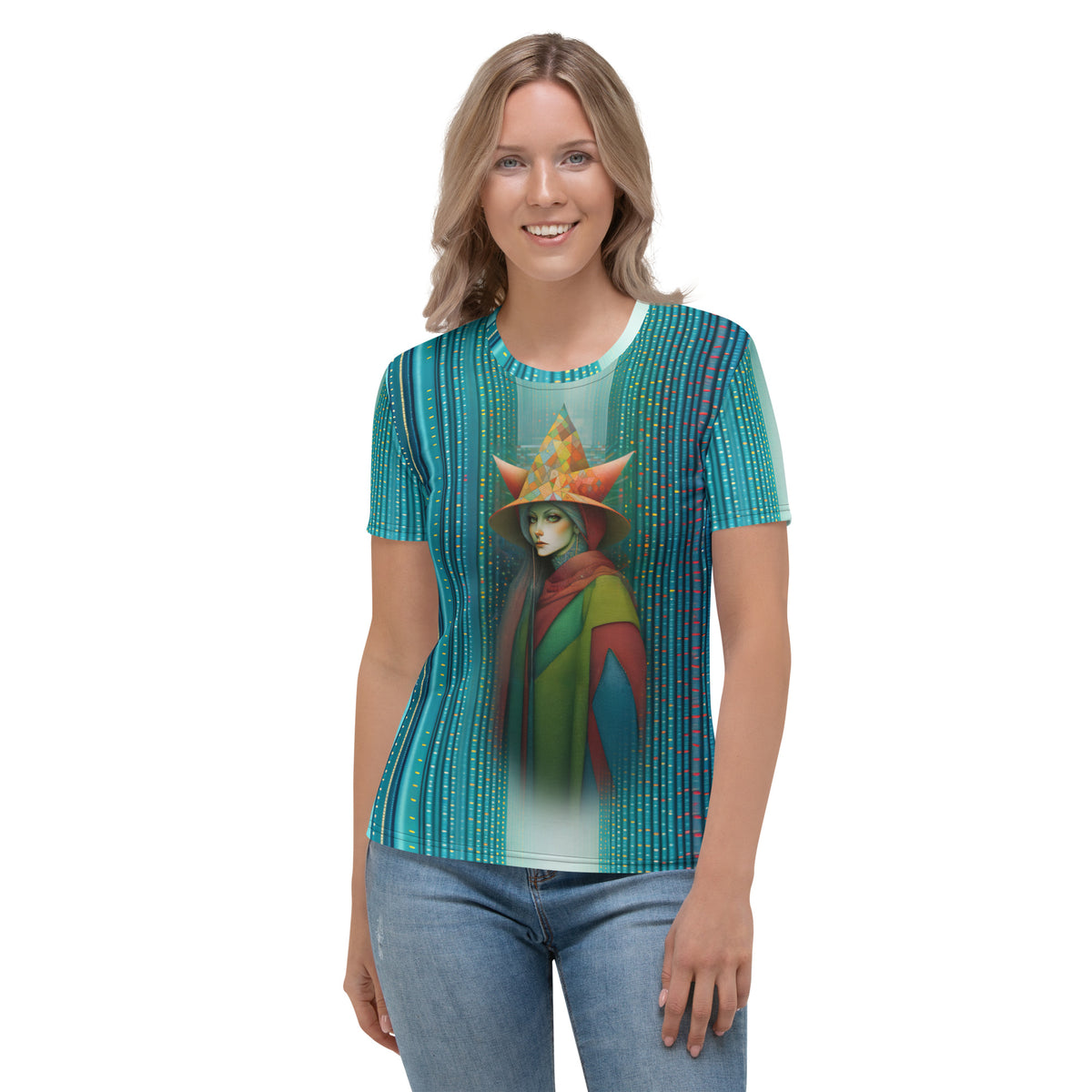 Cosmic Flow Beyond Style women's crew neck with galactic design.